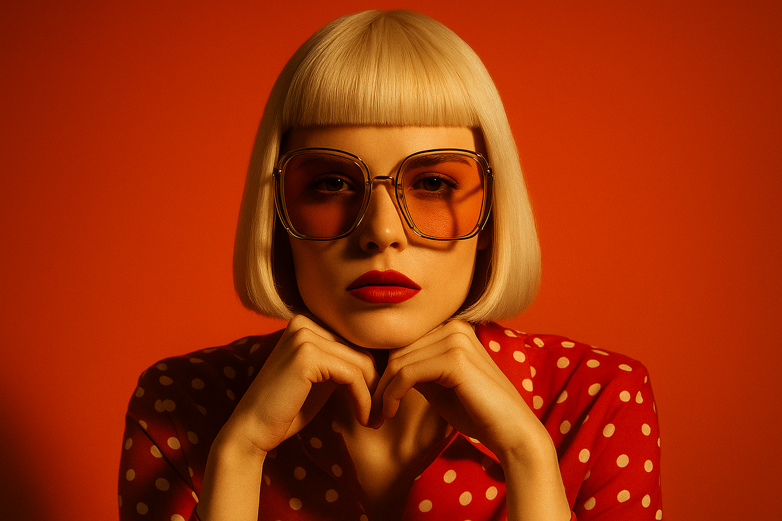 Person with a blonde bob haircut and oversized sunglasses against an orange background