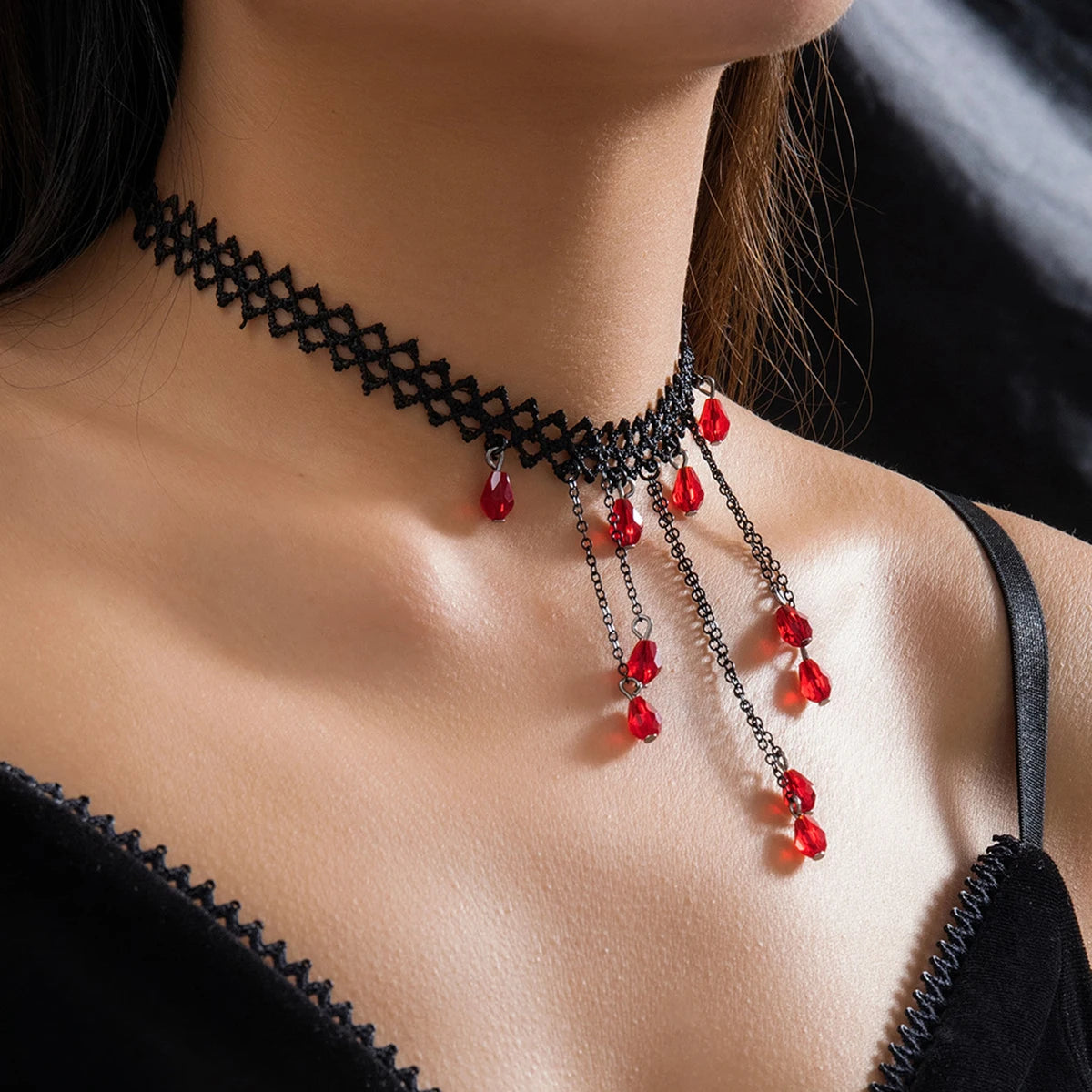 Crimson Drop Lace Choker Necklace