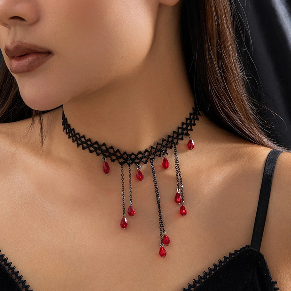 Crimson Drop Lace Choker Necklace